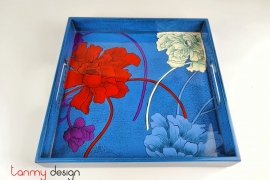 Khay sơn mài vuông xanh vẽ hoa cẩm chướng 28 cm